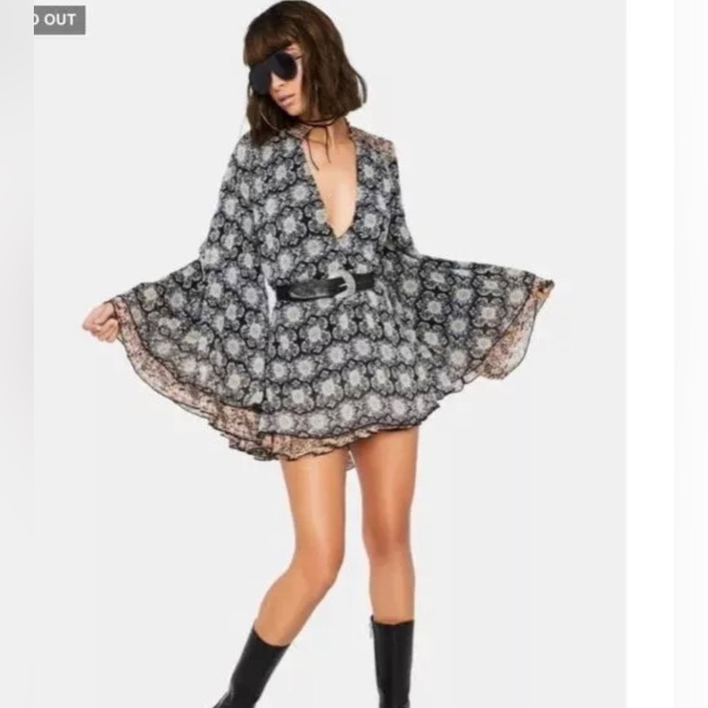 Free People Womens Black Ikat Long Sleeve Tunic Top